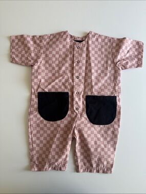 Meme Kids One Piece Pink Checkerboard with Black Pockets